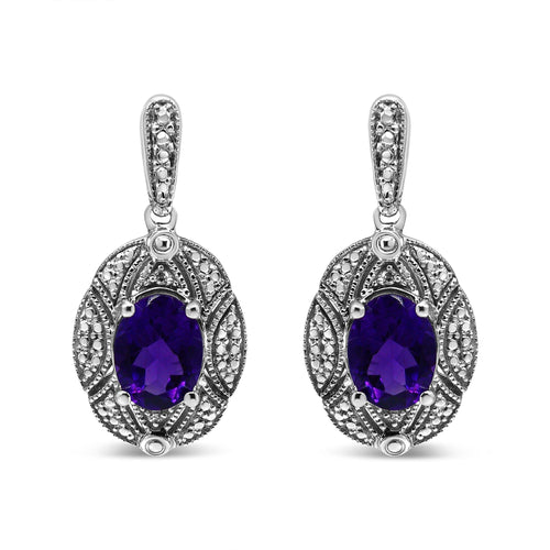 Pendientes de botón de plata de ley .925 con acento de diamante y amatista ovalada púrpura de 8x6mm (color I-J, claridad I1-I2)