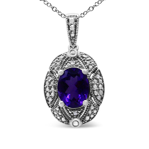 Collar de 18" con colgante de plata de ley .925, acentos de diamante y amatista ovalada púrpura de 9x7mm (color I-J, claridad I1-I2)