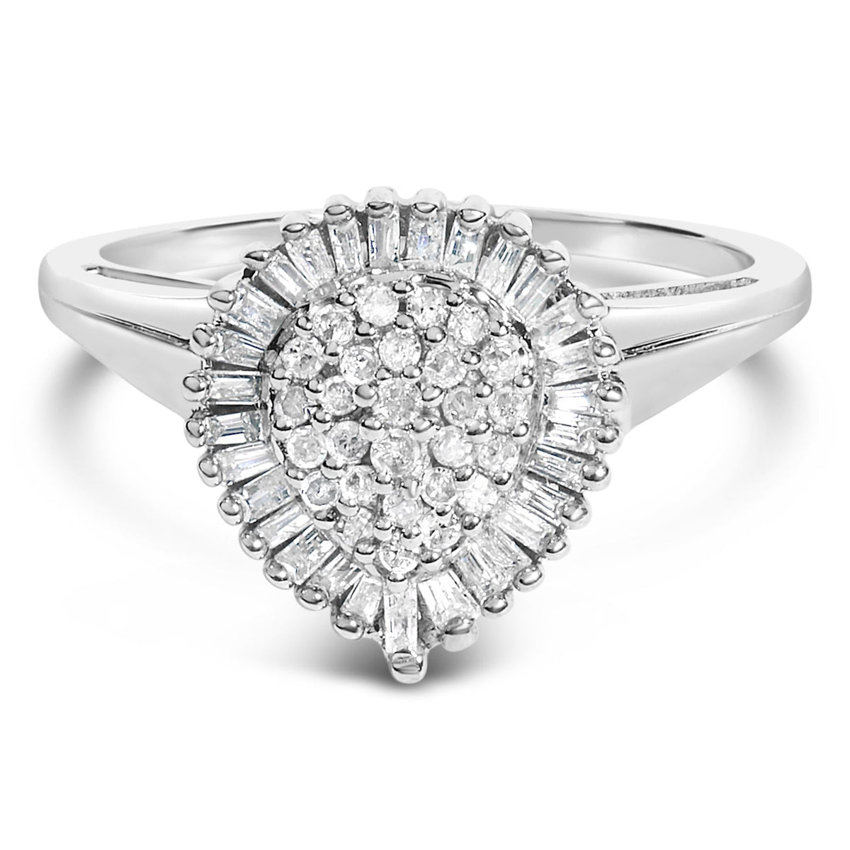 10K White Gold 1/2 Cttw Round & Baguette Cut Diamond Pear Shaped Domed Pavé Cluster with Halo Cocktail Ring (H-I Color