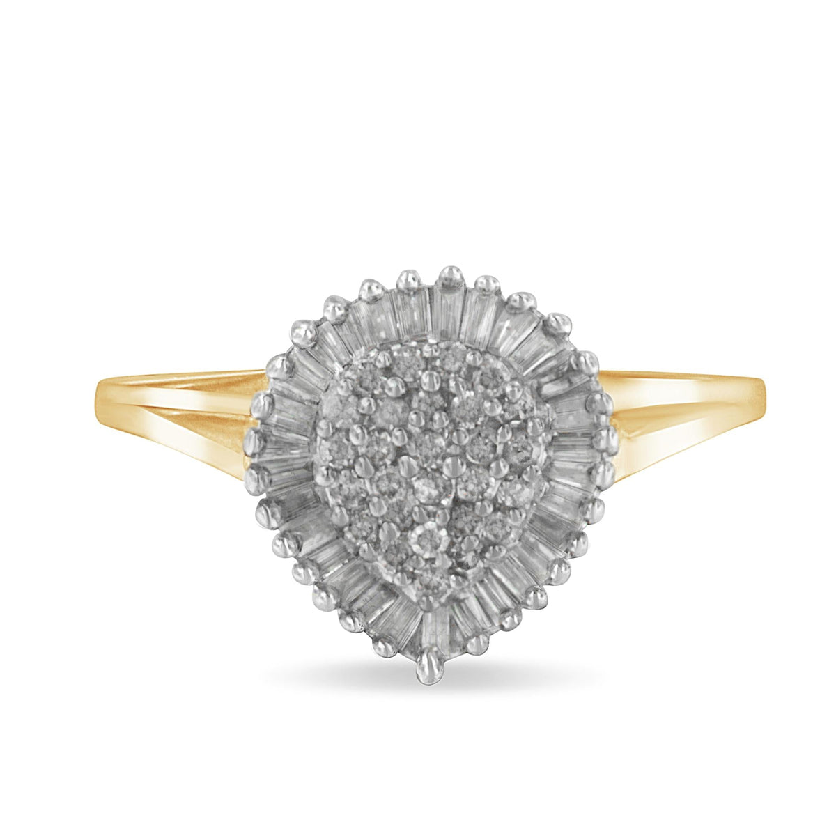 10K Yellow Gold 1/2 Cttw Round & Baguette Cut Diamond Pear Shaped Domed Pavé Cluster with Halo Cocktail Ring (J-K Color