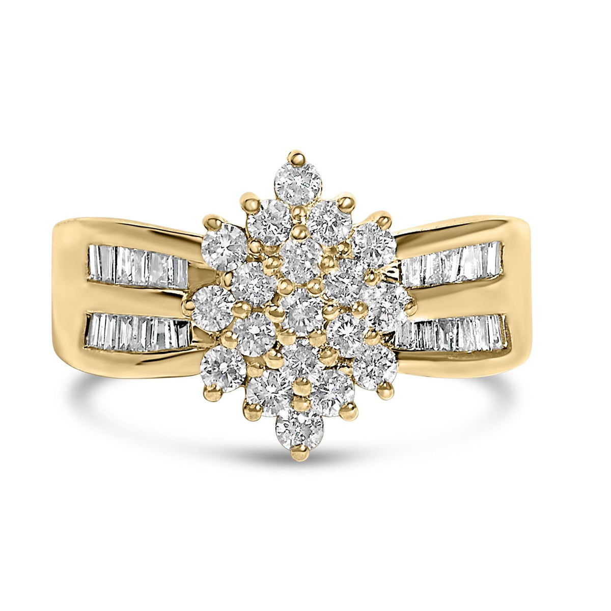 10K Yellow Gold 1.0 Cttw Round & Baguette Cut Diamond Floral Cluster Double-Channel Flared Band Statement Ring (H-I Color