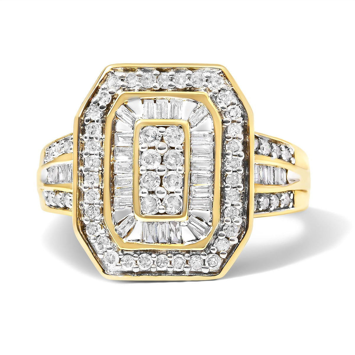 10K Yellow Gold 1.0 Cttw Diamond Vintage Inspired Baguette-Cut Double Halo Emerald-Shaped Frame Cocktail Ring (I-J Color