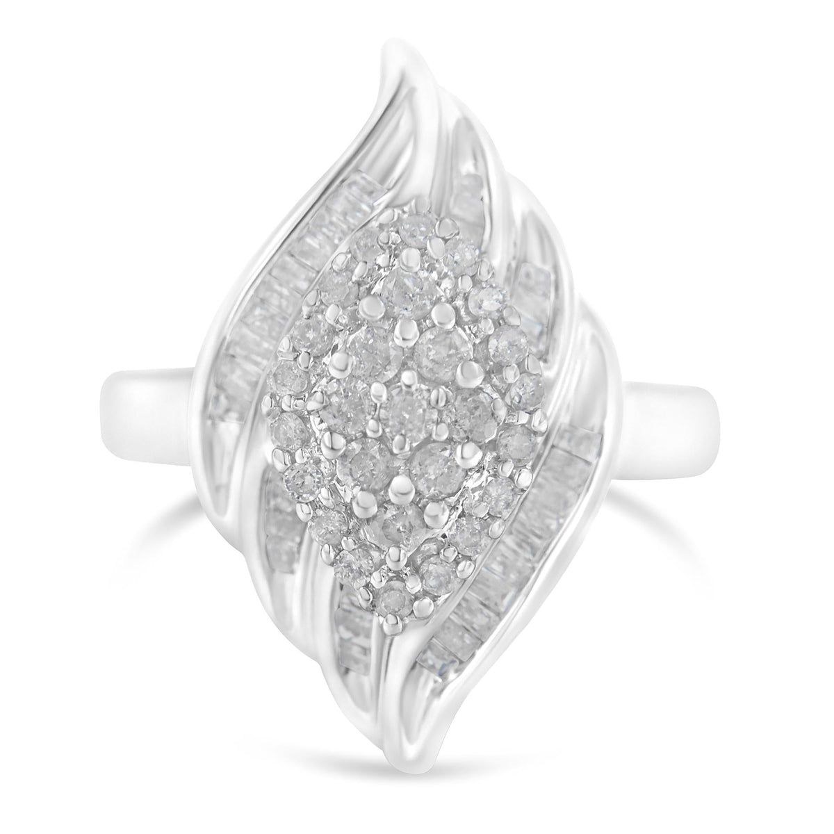 .925 Sterling Silver ¾ Cttw Round and Baguette Cut Diamond Stair-Stepped Cluster Waterfall Cocktail Ring (I-J Color, I2-I3