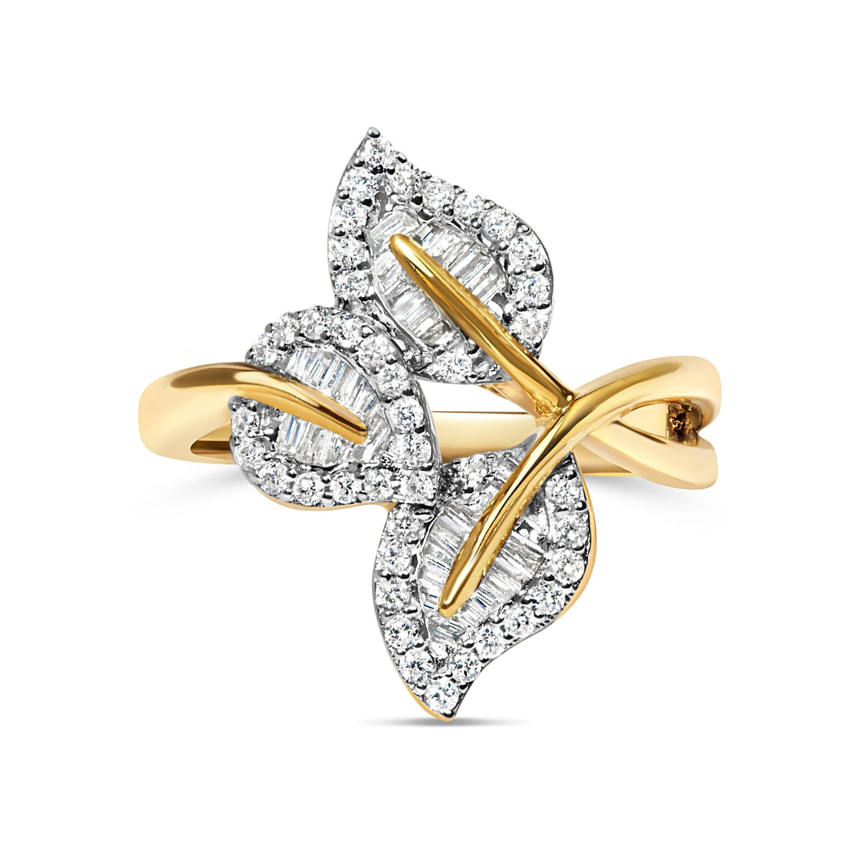 18K Yellow Gold Plated .925 Sterling Silver 1/2 Cttw Baguette and Round Diamond Bypass Triple Leaf Ring (I-J Color, I1-I2
