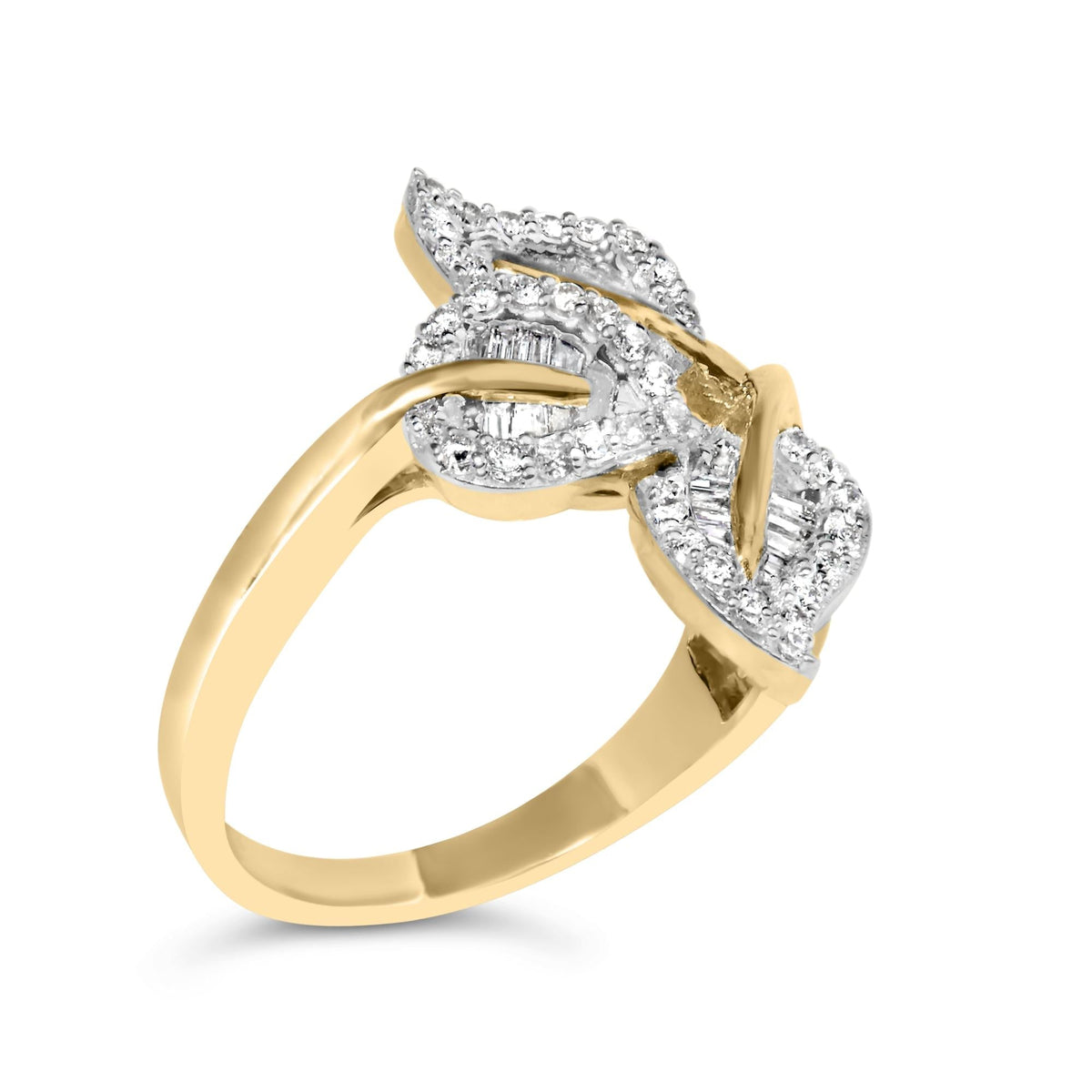 18K Yellow and White Gold Plated .925 Sterling Silver 3/8 Cttw Baguette and Round Diamond Bypass Triple Leaf Ring (I-J Color