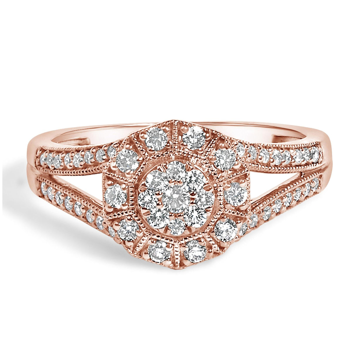 14K Rose Gold Plated .925 Sterling Silver 1/2 Cttw Pave Diamond Halo Cluster Split Shank Cocktail Ring (I-J Color, I1-I2