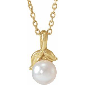 14K Yellow Gold 5 mm Cultured White Akoya Pearl Floral 16-18" Necklace