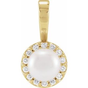 14K Yellow Gold Cultured White Akoya Pearl  & 1/8 CTW Natural Diamond Pendant