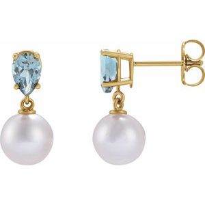 14K Yellow Gold Cultured White Akoya Pearl & Natural Aquamarine Earrings