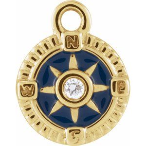 14K Yellow Gold Petite Pavé® .01 CT Natural Diamond Blue Enamel Compass Dangle