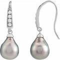 Rhodium-Plated Sterling Silver Cultured Gray Tahitian Pearl & Imitation White Cubic Zirconia Earrings