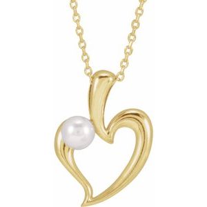 14K Yellow Gold Cultured White Akoya Pearl Heart 16-18" Necklace