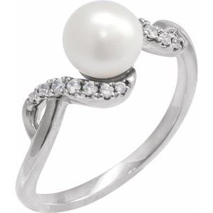 14K White Gold Cultured White Freshwater Pearl & 1/8 CTW Natural Diamond Ring