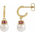 14K Yellow Gold Cultured White Freshwater Pearl & Natural Pink Tourmaline Hoop Earrings