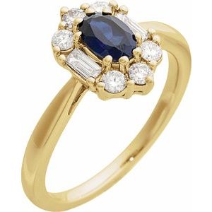 14K Yellow Gold Lab-Grown Blue Sapphire & 3/8 CTW Natural Diamond Ring
