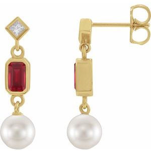 14K Yellow Gold Lab-Grown Ruby, Cultured White Akoya Pearl & .05 CTW Natural Diamond Earrings