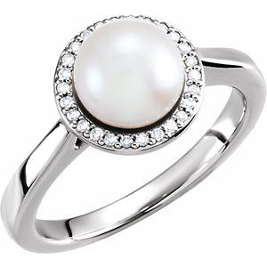 14K White Gold Cultured White Freshwater Pearl & .06 CTW Natural Diamond Halo-Style Ring