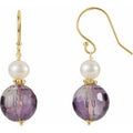 14K Yellow Gold Natural Amethyst & Cultured White Freshwater Pearl Earrings