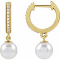 14K Yellow Gold Cultured White Freshwater Pearl & 1/10 CTW Natural Diamond Hoop Earrings