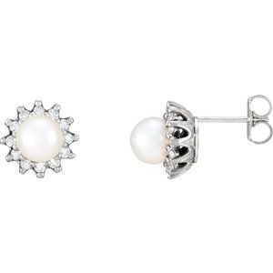 14K White Gold Cultured White Akoya Pearl  & 1/3 CTW Natural Diamond Earrings