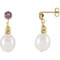 14K Yellow Gold Cultured White Freshwater Pearl & Natural Amethyst Earrings
