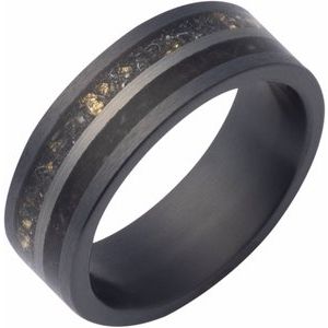 Zirconium 8 mm Crushed Megalodon, Meteorite & 14K Yellow Gold Inlay Comfort-Fit Flat Band Size 12