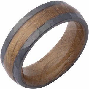 Zirconium 8 mm  Whiskey Barrel Wood Inlay & Interior Sleeve Comfort-Fit Half-Round Band Size 12