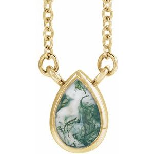 14K Yellow Gold Natural Moss Agate Bezel-Set Cabochon 18" Necklace