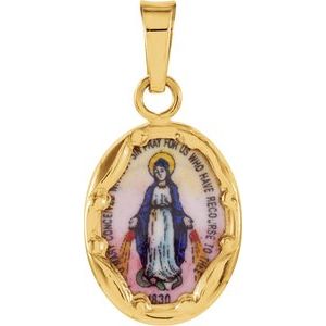 14K Yellow Gold 13x10 mm Oval Hand Painted Porcelain Miraculous Medal