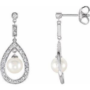 14K White Gold Cultured White Freshwater Pearl & 1/4 CTW Natural Diamond Earrings