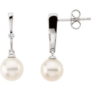 14K White Gold Cultured White Freshwater Pearl & .06 CTW Natural Diamond Earrings