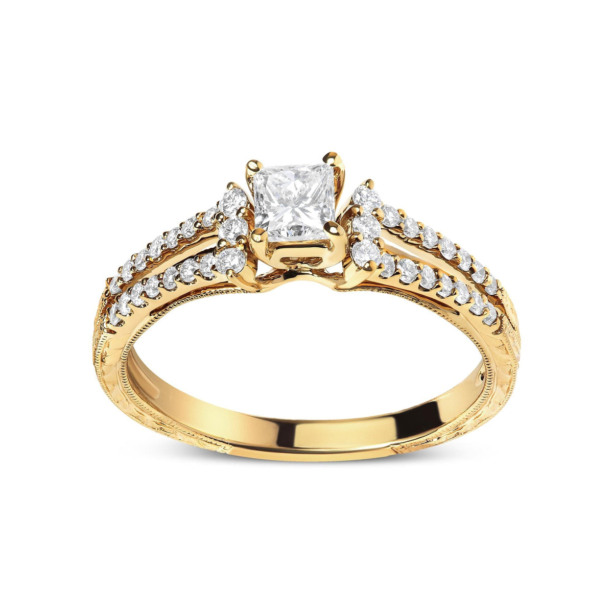14K Yellow Gold Diamond 5/8 Cttw Princess Diamond Split Shank and Milgrain Engagement Ring (G-H Color, VS2-SI1 Clarity)