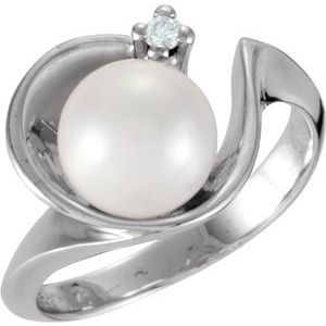 14K White Gold Cultured White Akoya Pearl & .03 CTW Natural Diamond Ring