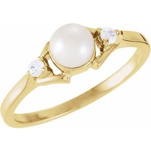 14K Yellow Gold Cultured White Akoya Pearl & .06 CTW Natural Diamond Ring