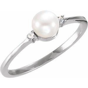 14K White Gold Cultured White Freshwater Pearl & .02 CTW Natural Diamond Ring