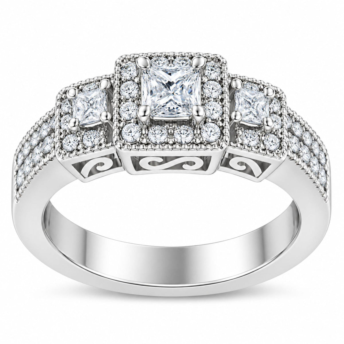 14K White Gold Round and Princess-Cut Diamond Three Stone Ring (1 Cttw, H-I Color, I1-I2 Clarity)