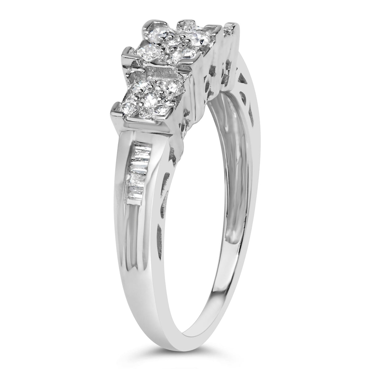10K White Gold 1/2 Cttw Brilliant & Baguette Cut Diamond 3 Stone Design with 3 Square Clusters Engagement Ring (H-I Color