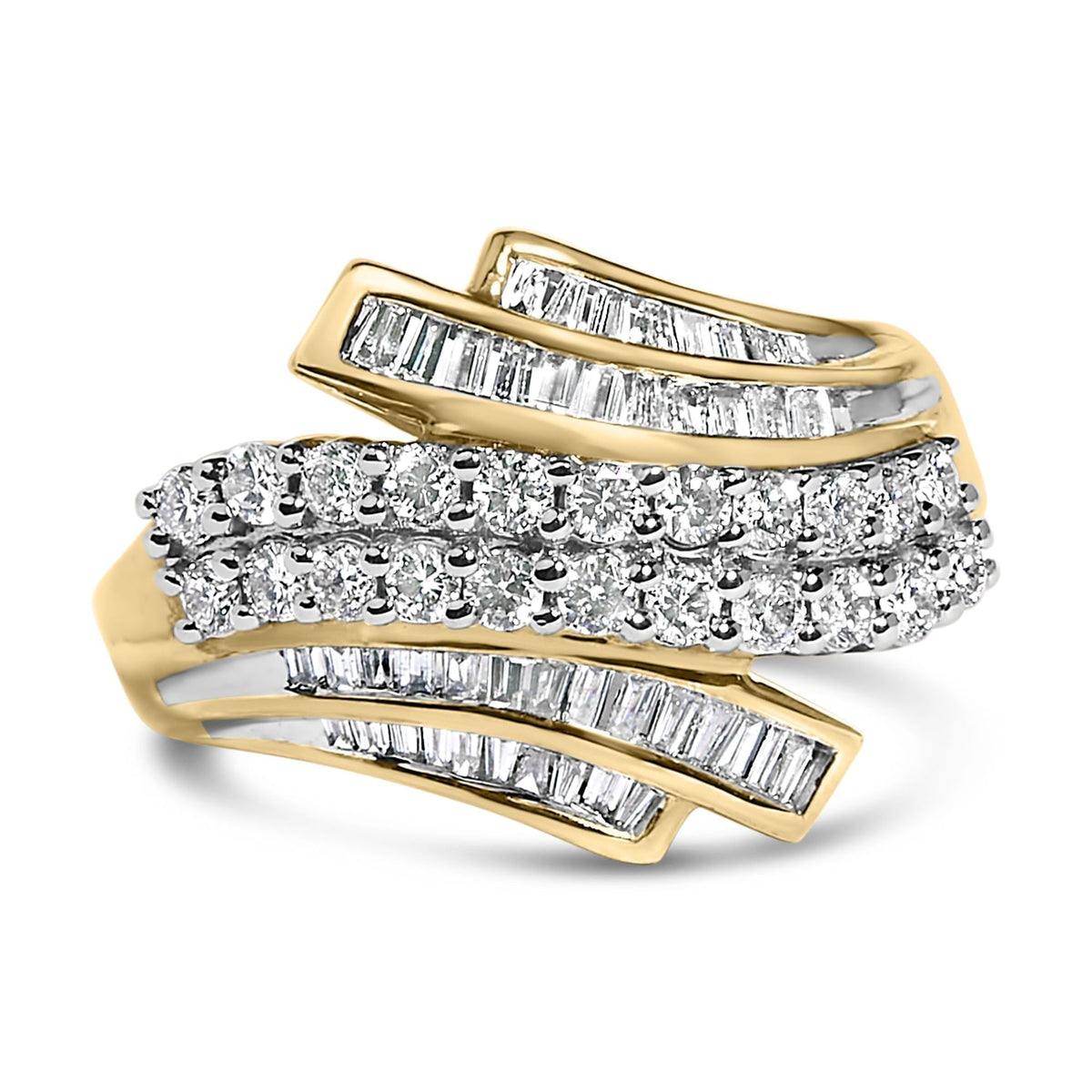 10K Yellow Gold 1.0 Cttw Round & Baguette Cut Diamond 64 Stone Bypass Style Channel Set Modern Statement Ring (H-I Color