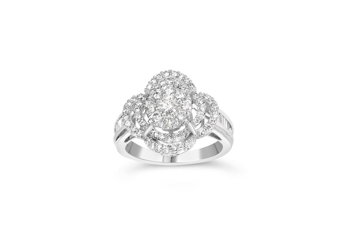 14K White Gold 1.0 Cttw Round & Baguette Cut Diamond Floral Cluster Quatrefoil Channel Set Band Cocktail Statement Ring (H-I