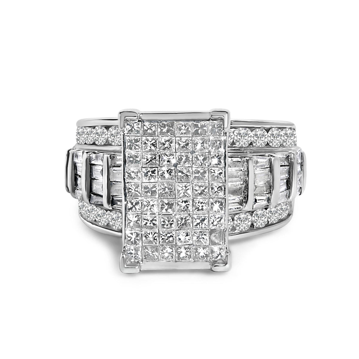 14K White Gold 2.0 Cttw Mixed-Cut Diamond Rectangle Invisible-Set Composite Cluster Ring with Bar- and Channel-Set Band (H-I