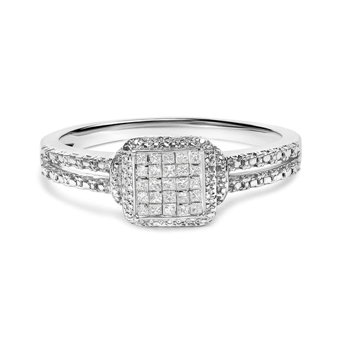 Anillo de plata de ley .925 con 1/4 quilates de diamantes talla princesa y halo de cuentas (color H-I, claridad SI1-SI2)