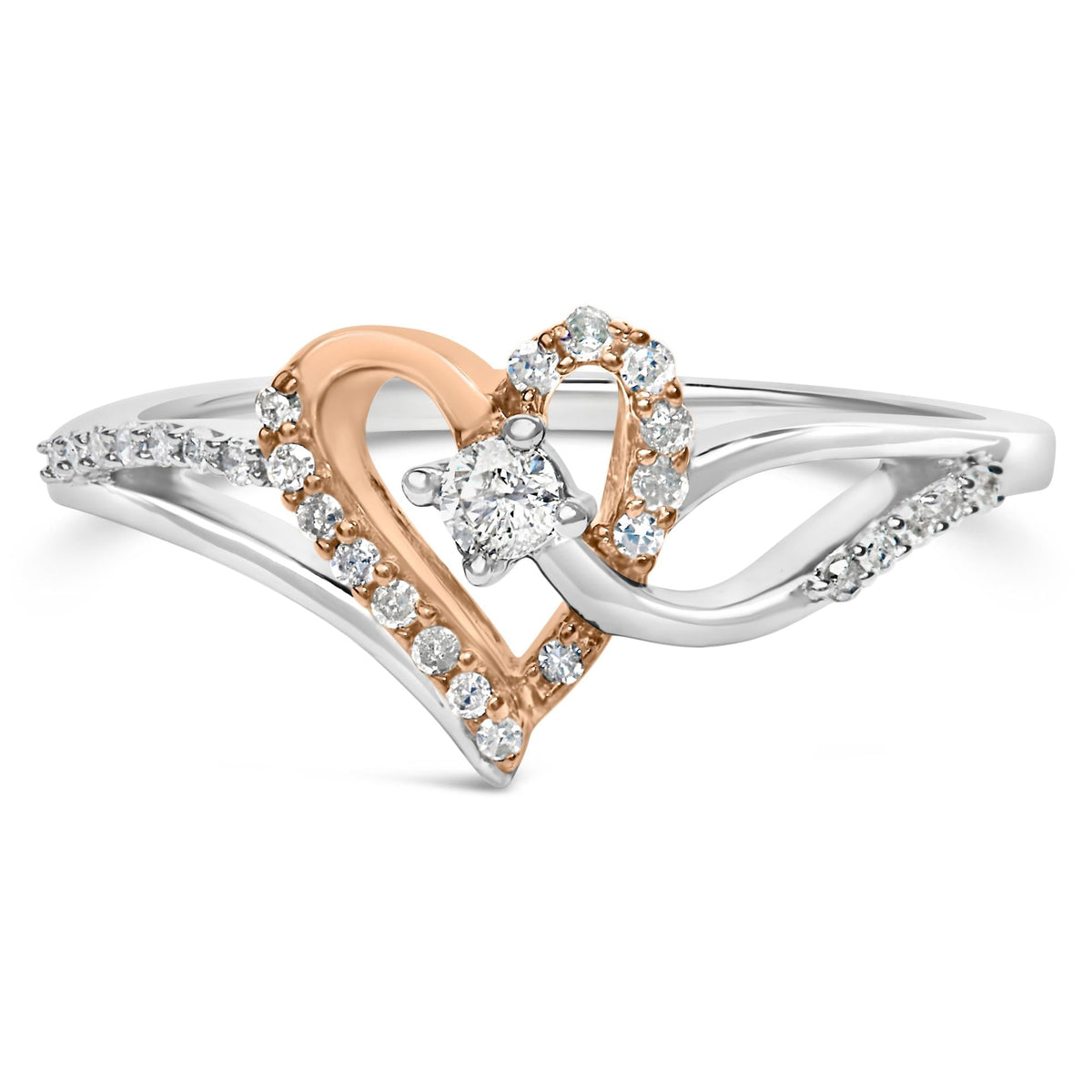 10K Rose Gold Plated .925 Sterling Silver 1/5 Cttw Diamond Two Tone Open Heart Promise or Fashion Ring (I-J Color, I2-I3