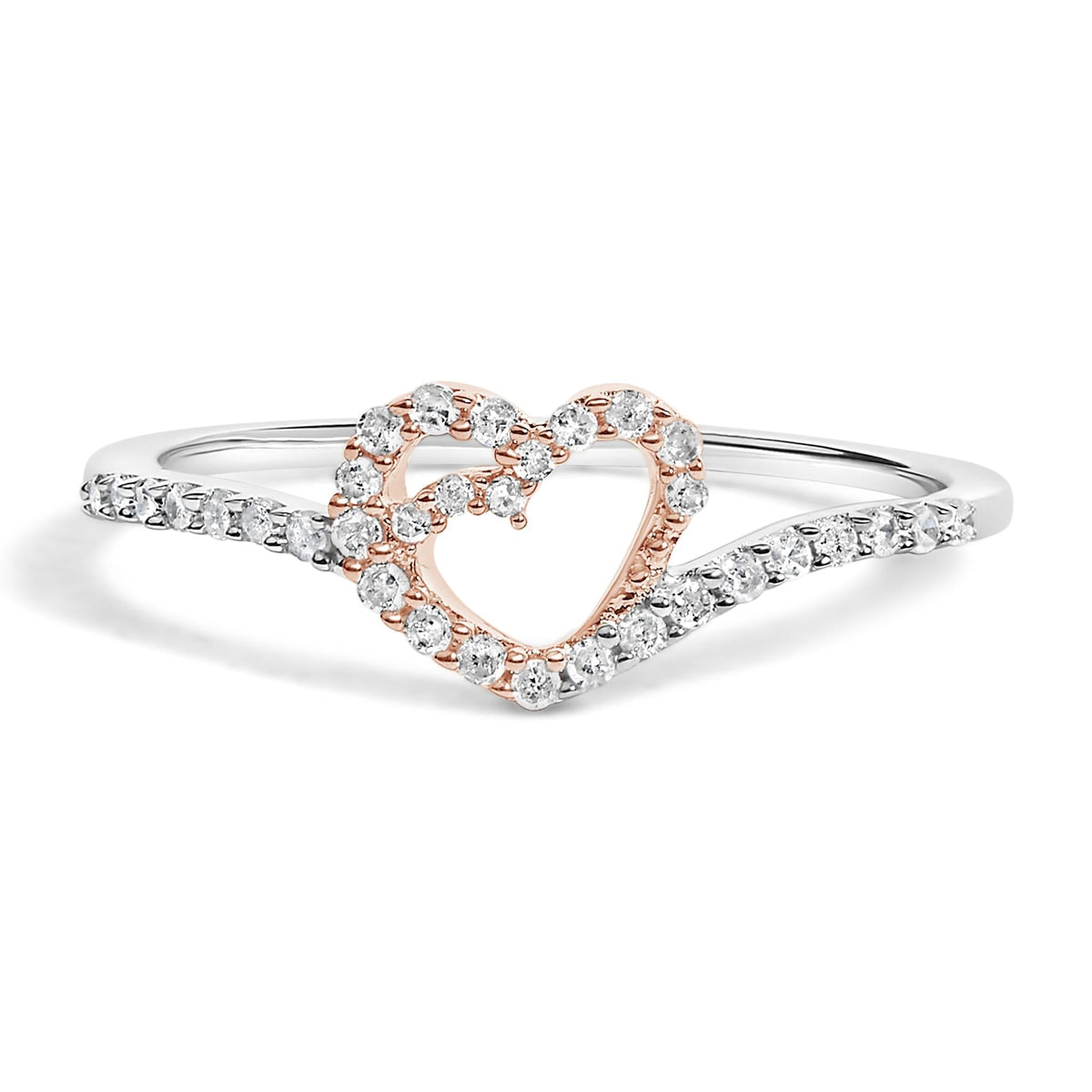 10K Rose Gold over .925 Sterling Silver 1/5 Cttw Diamond Two Tone Open Heart Promise or Fashion Ring (I-J Color, I2-I3