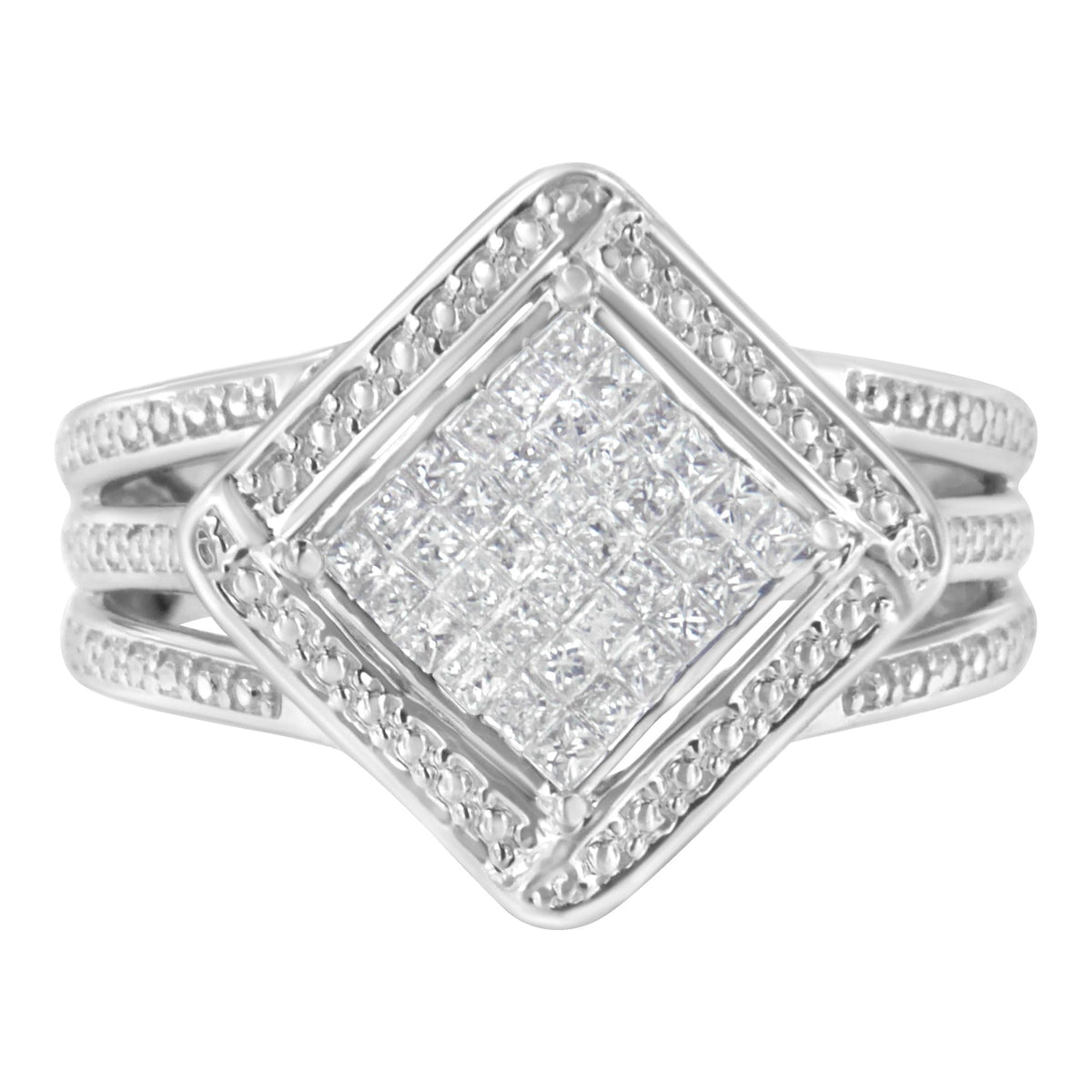 .925 Sterling Silver 2/5 Cttw Princess Cut Diamond Square On Point Cluster Composite Cocktail Ring (H-I Color, SI1-SI2