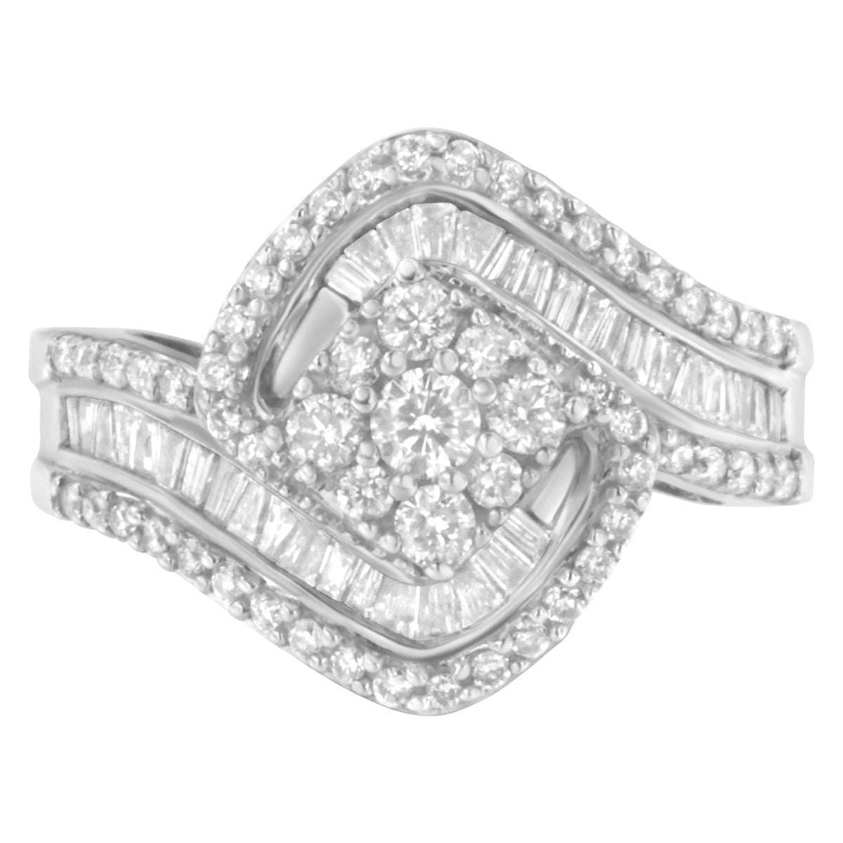 14K White Gold 1.0 Cttw Baguette & Brilliant-Cut Diamond Round Floral Cluster Engagement or Fashion Ring with Swirl Wrapped