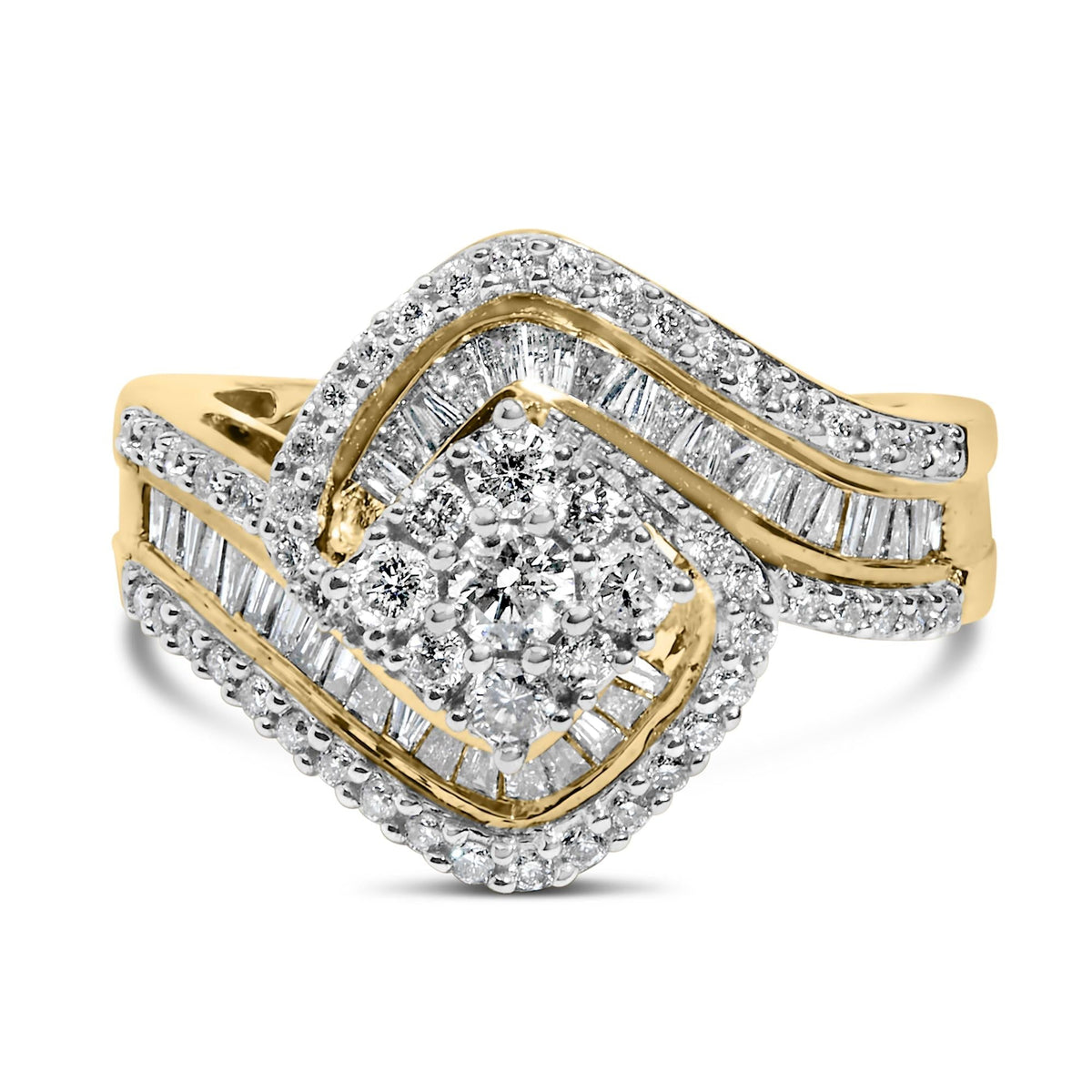 14K Yellow Gold 1.0 Cttw Baguette & Brilliant-Cut Diamond Round Floral Cluster Engagement or Fashion Ring with Swirl Wrapped