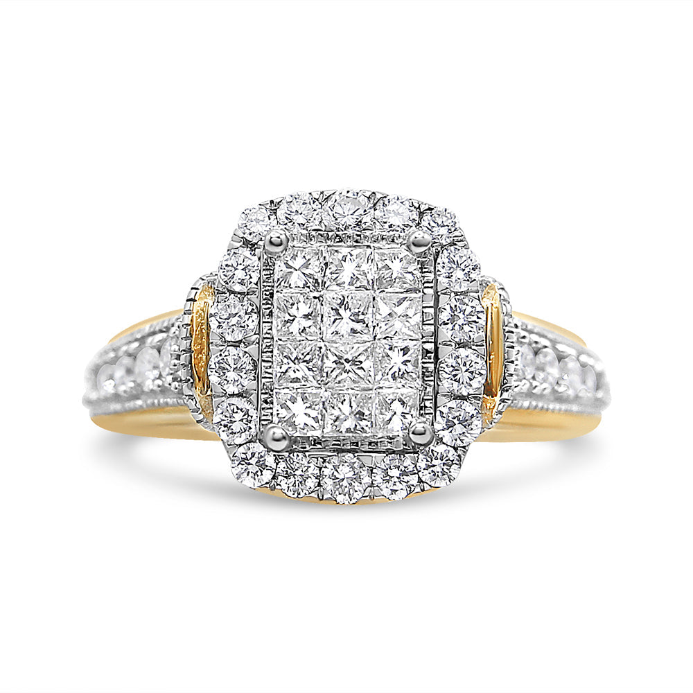 14K Yellow and White Gold 1.00 Cttw Princess and Round Cut Emerald Shaped Halo Diamond Cluster Ring (SI1-SI2 Clarity, H-I