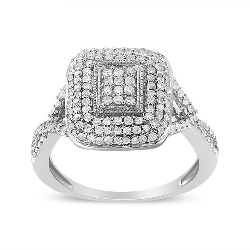 Anillo de plata de ley 925 con diseño de cojín y grupo de diamantes de talla redonda de 1/2 quilate (I-J, I1-I2)