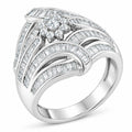 .925 Sterling Silver 1-1/8 Cttw Round & Baguette Diamond 'Flower & Fern' Cluster Cocktail Fashion Ring (I-J Color, I2-I3
