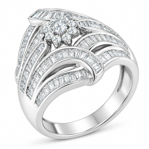 .925 Sterling Silver 1-1/8 Cttw Round & Baguette Diamond 'Flower & Fern' Cluster Cocktail Fashion Ring (I-J Color, I2-I3 Clarity)